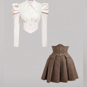 High-Waist Brown Houndstooth Pleated Skirt & Blouse Two Piece Set